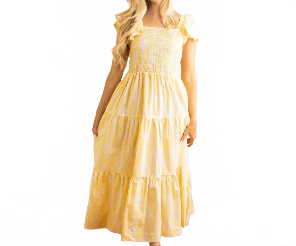 NEW 8 OAK LANE golden damask smocked flutter sleeve dress in yellow